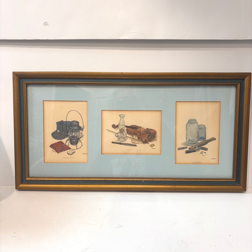 C Don Ensor Framed Triptych Prints Trainman Lantern Violin Piccolo Americana Art